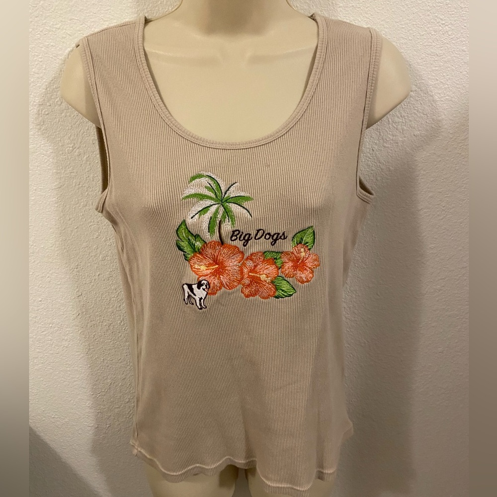Big Dogs Women's Tan Tank Top with Floral embroidered Design Size M